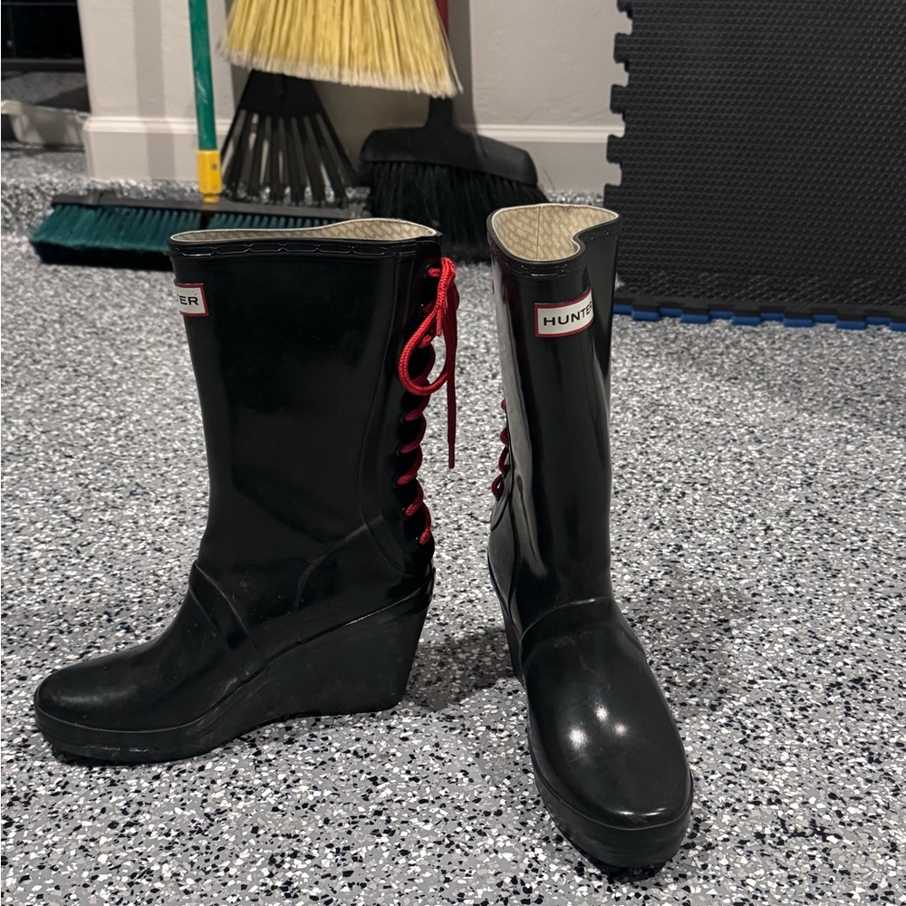 Hunter Women's Black Rain Boots with Red Lace up’s